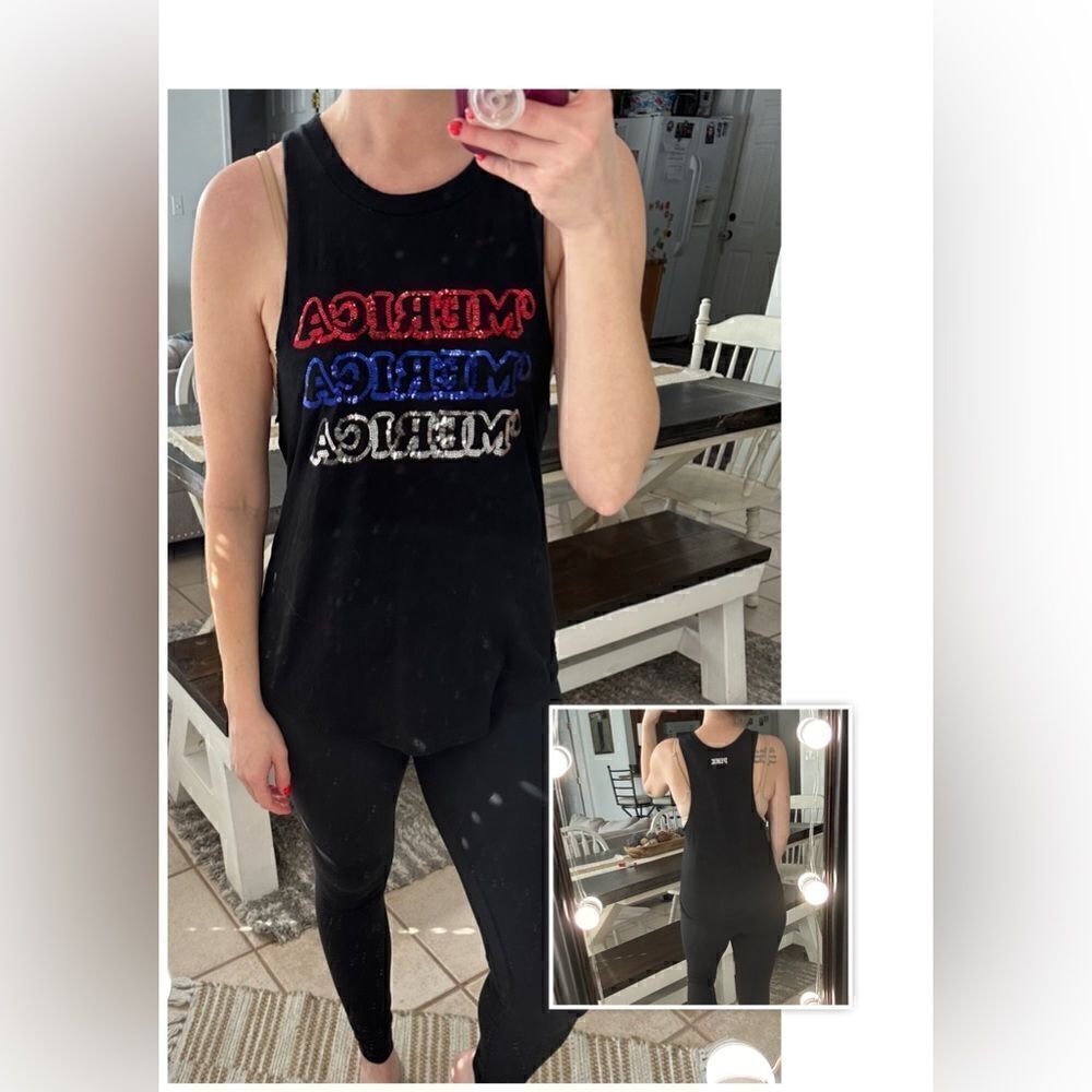 PINK Victoria’s Secret Red White & Blue MERICA Patriotic Sequin Tank Top - Picture 2 of 5